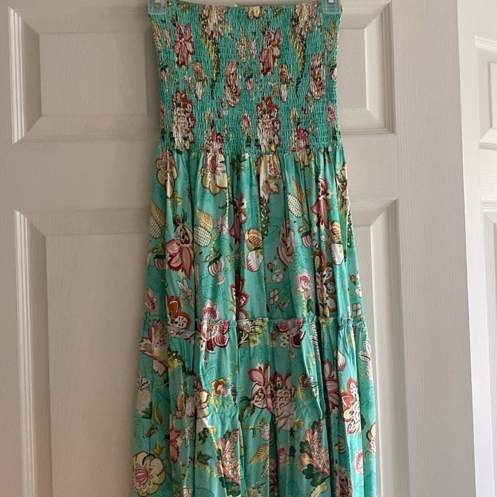 Aqua Blue Floral Smocked Top Maxi Dress Small - Picture 6 of 11